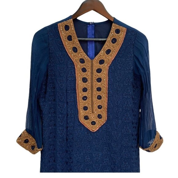 VINTAGE Handmade Brocade Ethnic Navy Dress Size S/M - Picture 2 of 10
